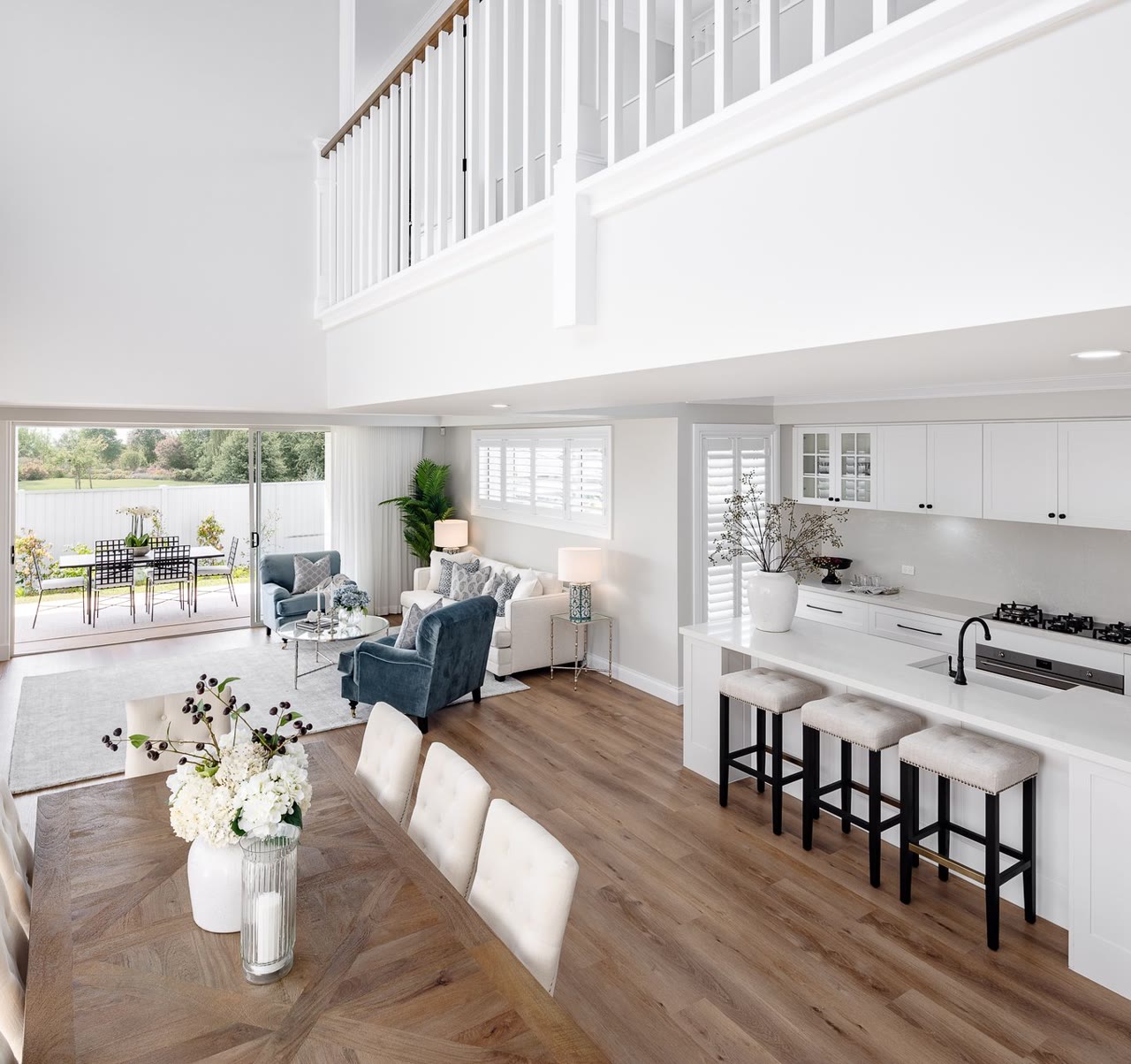 Award-winning Hamptons style open plan living and kitchen by First Home Builders Perth