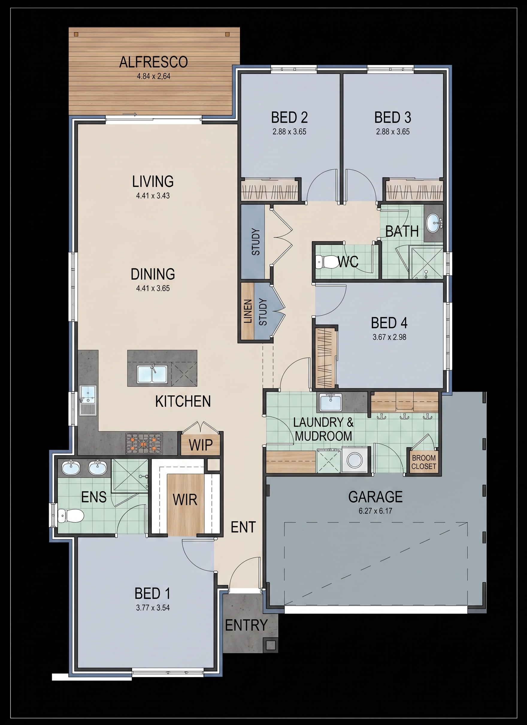 Coloured four-bedroom floor plan