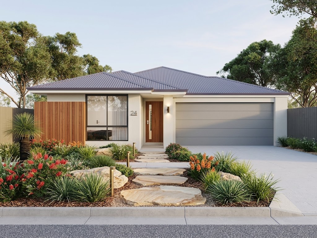 Single-storey home elevation with double garage and timber entrance detailing